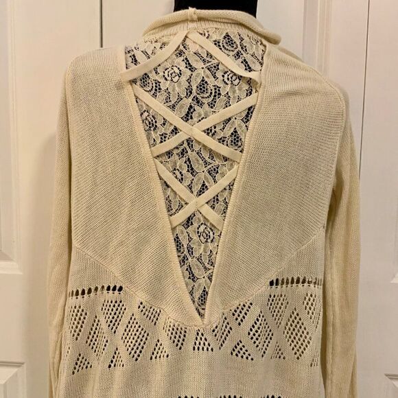Knox Rose Cream Waterfall Lace Insert Open Cardigan Sweater Medium - Picture 7 of 12